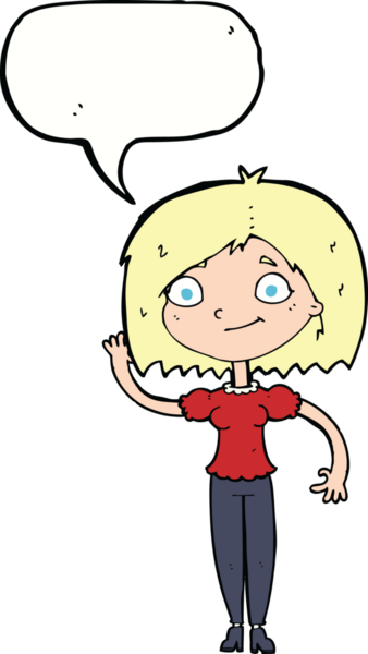 Bir insan tarafından çizilmiş bir konuşma balonuyla el sallayan çizgi film kadını.