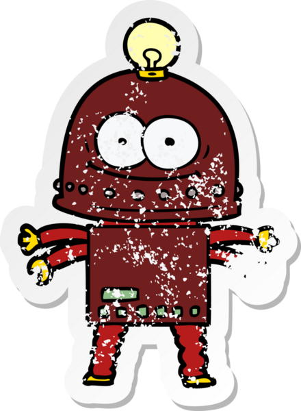 Bir insan tarafından çizilmiş ampullü mutlu bir robot çıkartması.