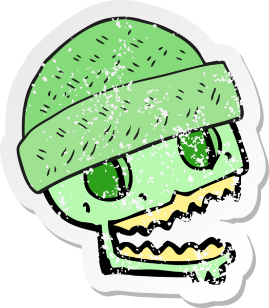 Bir insanın çizdiği şapkayı takan bir karikatür kafatası çıkartması.