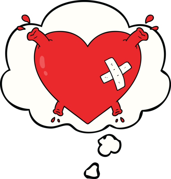 Bir insan tarafından çizilmiş düşünce baloncuğuyla kan fışkırtan karikatür kalp.
