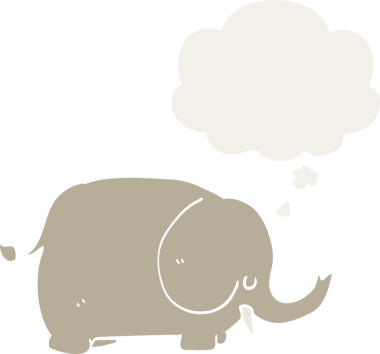 Düşünce baloncuğu olan karikatür fili insan tarafından çizilmiş.