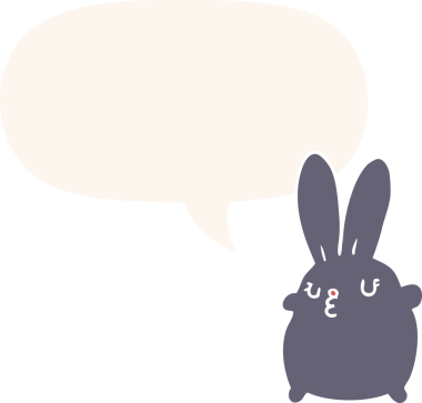 Konuşma baloncuğu olan sevimli çizgi film tavşanı insan tarafından çizilmiş.