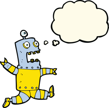 Bir insan tarafından çizilmiş düşünce baloncuklu korkmuş robot çizgi filmi.