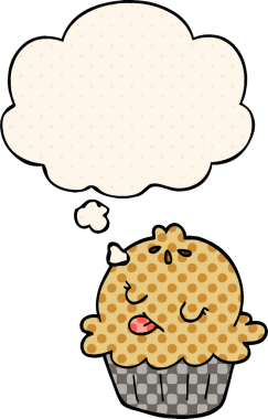 Bir insan tarafından çizilmiş çizgi roman şeklinde düşünce baloncuklu şirin bir turta.