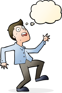 Bir insan tarafından çizilen düşünce baloncuğuyla panikleyen çizgi film adamı.