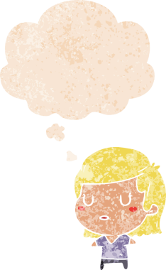 Düşünce baloncuklu karikatür kadın grunge sıkıntılı retro tarzı bir insan tarafından çizilmiş