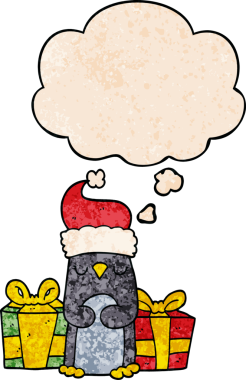 Bir insan tarafından çizilmiş grunge desenli düşünce baloncuğu olan şirin noel penguenleri.