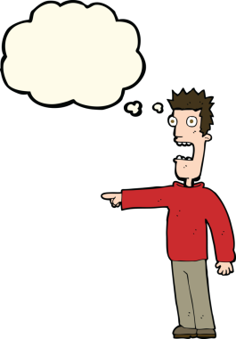 Bir insan tarafından çizilmiş düşünce baloncuğuyla dehşete düşmüş bir adam.