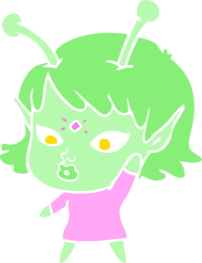 Bir insan tarafından çizilmiş düz renk çizgi film uzaylı kızı.