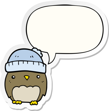 Bir insan tarafından çizilmiş konuşma kabarcığı etiketli şapkalı sevimli bir baykuş.