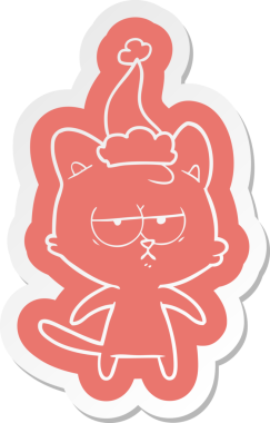 Bir insan tarafından çizilmiş Noel Baba şapkası takan bir kedinin garip çizgi film çıkartması.