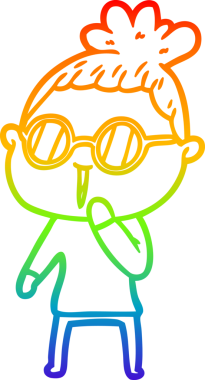 Bir insan tarafından çizilmiş gözlük takan bir karikatür kadının çizimi.