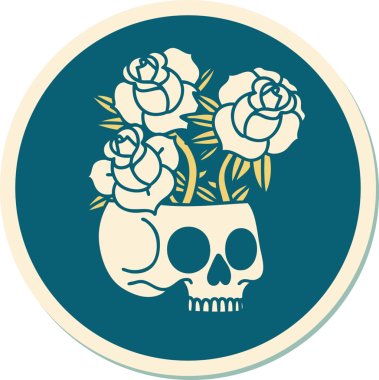 Bir insan tarafından çizilmiş, geleneksel bir kafatası ve gül stili dövme çıkartması.