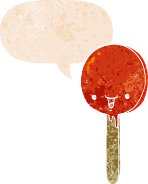 çizgi film şekerleme lolipop konuşma balonu ile grunge sıkıntılı retro dokuma tarzı bir insan tarafından çizilmiş