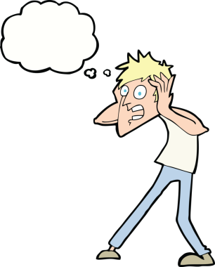 Bir insan tarafından çizilen düşünce baloncuğuyla panikleyen çizgi film adamı.