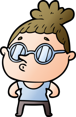 Bir insan tarafından çizilmiş gözlüklü bir karikatür kadın.