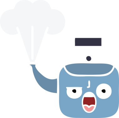 Bir insan tarafından çizilen dumanı tüten bir çaydanlığın düz renkli retro karikatürü