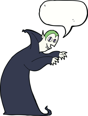 Bir insan tarafından çizilmiş konuşma balonlu ürkünç vampir çizgi filmi.