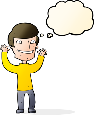 Bir insan tarafından çizilmiş düşünce baloncuğu ile heyecanlı bir adam.