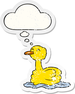 Düşünce baloncuğu olan çizgi film ördeği insan tarafından çizilmiş yıpranmış bir çıkartma.