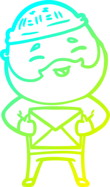 Bir insan tarafından çizilmiş, mutlu, sakallı, çizgi film karakteri.