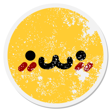 Mutlu kızaran hayvan yüzlü bir insan tarafından çizilmiş dairesel bir etiket.