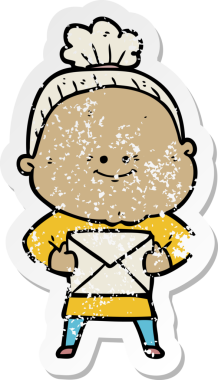 Bir insan tarafından çizilmiş mutlu, yaşlı bir kadının sıkıntılı çıkartması.