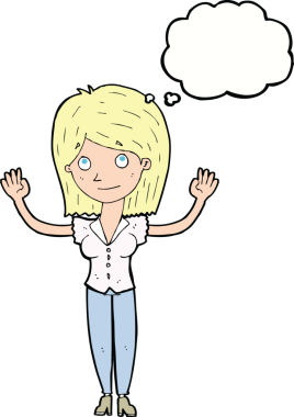 Bir insan tarafından çizilmiş düşünce baloncuğuyla el ele tutuşan çizgi film kadını.