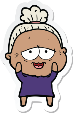 Bir insan tarafından çizilmiş mutlu yaşlı bir kadının çıkartması.