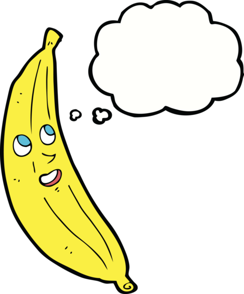 Bir insan tarafından çizilmiş düşünce baloncuklu mutlu bir muz.
