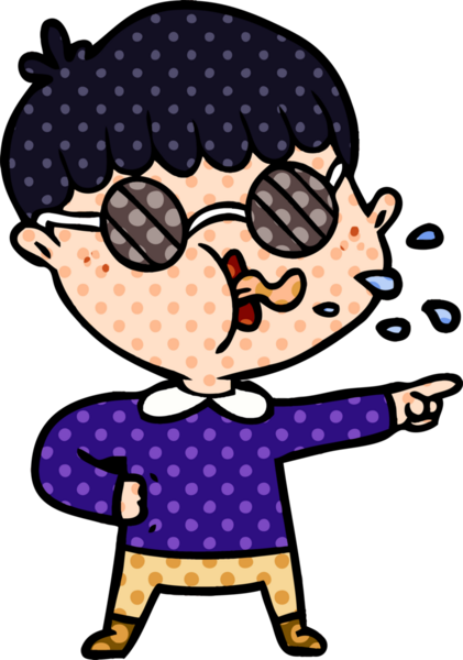 Gözlük takan ve bir insan tarafından çizilen çizgi filmci çocuk.