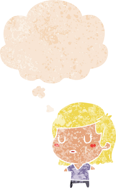 Düşünce baloncuklu karikatür kadın grunge sıkıntılı retro tarzı bir insan tarafından çizilmiş