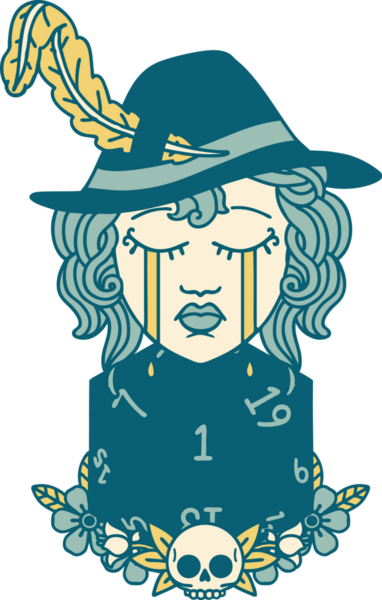 Retro Dövme Tarzı Ağlayan İnsan Ozanı Bir insan tarafından çizilmiş doğal bir D20 zar ile