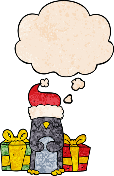 Bir insan tarafından çizilmiş grunge desenli düşünce baloncuğu olan şirin noel penguenleri.