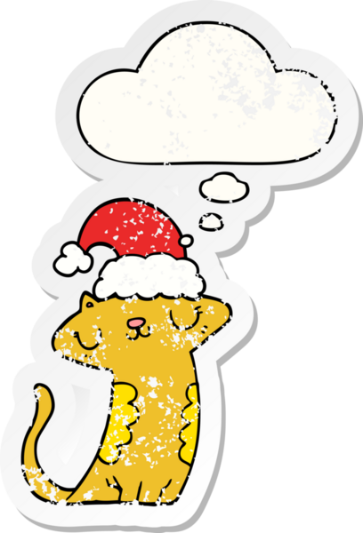 Düşünce baloncuklu Noel şapkası takan sevimli çizgi film kedisi bir insan tarafından çizilmiş yıpranmış bir çıkartma.