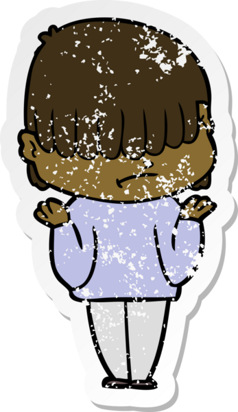 Bir insan tarafından çizilmiş dağınık saçlı bir çizgi film çocuğunun sıkıntılı çıkartması.