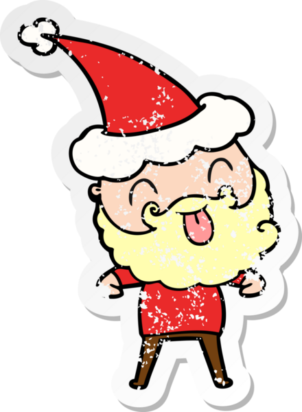 Bir insan tarafından çizilmiş Noel Baba şapkası takan sakallı bir adam.