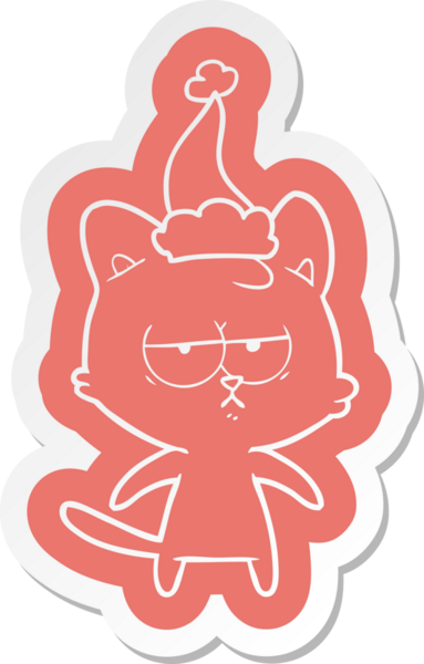 Bir insan tarafından çizilmiş Noel Baba şapkası takan bir kedinin garip çizgi film çıkartması.