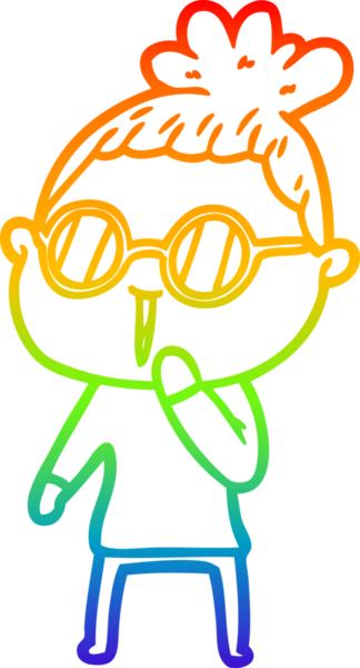 Bir insan tarafından çizilmiş gözlük takan bir karikatür kadının çizimi.