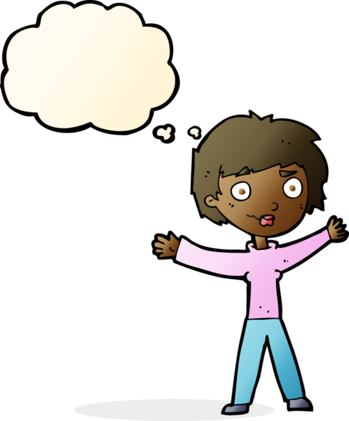 Bir insan tarafından çizilmiş düşünce baloncuğuyla kollarını sallayan çizgi film kadını.