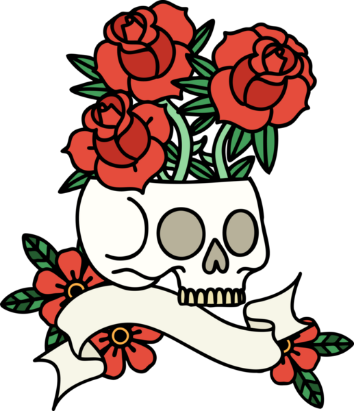 Bir insan tarafından çizilmiş kafatası ve güllerle geleneksel dövme.