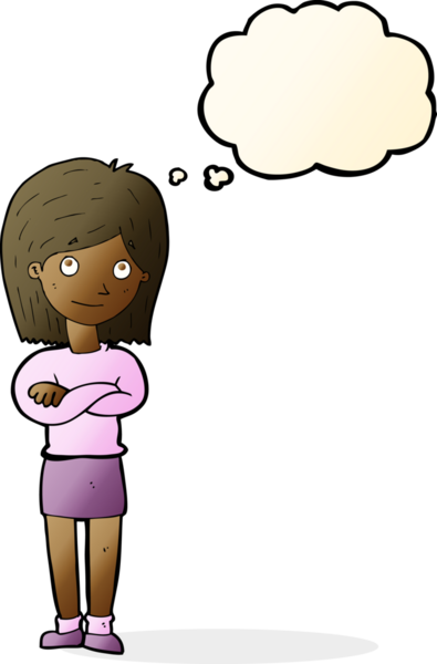 Bir insan tarafından çizilmiş düşünce baloncuğuyla gözlerini deviren çizgi film dostu kız.