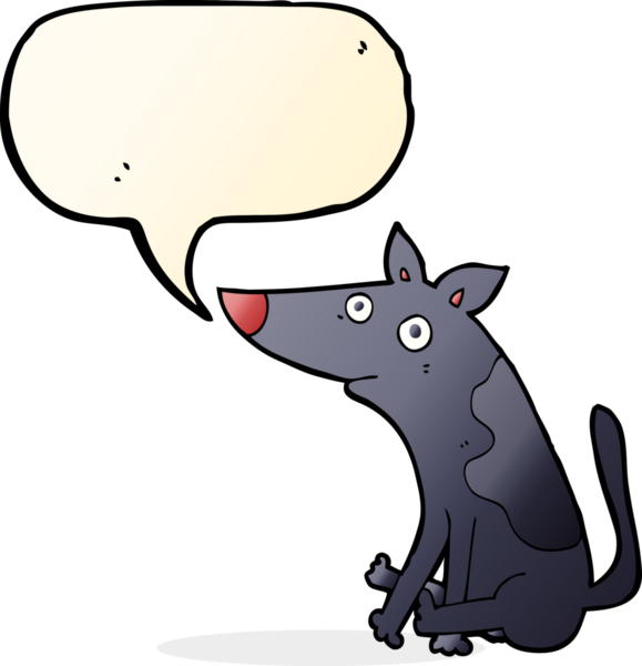 Bir insan tarafından çizilmiş konuşma balonu olan çizgi film köpeği.