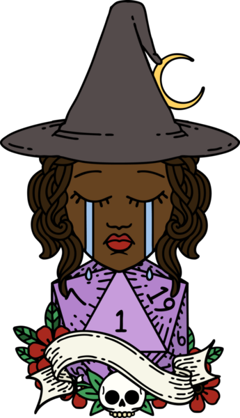 Retro Dövme Tarzı Ağlayan İnsan Cadı Doğal D20 yuvarlamalı Bir insan tarafından çizilmiş