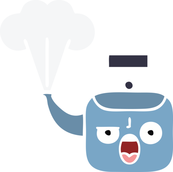 Bir insan tarafından çizilen dumanı tüten bir çaydanlığın düz renkli retro karikatürü