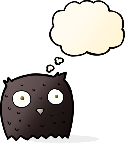 Bir insan tarafından çizilmiş düşünce baloncuklu çizgi film baykuşu