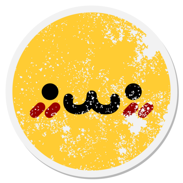 Mutlu kızaran hayvan yüzlü bir insan tarafından çizilmiş dairesel bir etiket.