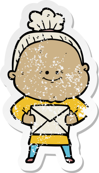 Bir insan tarafından çizilmiş mutlu, yaşlı bir kadının sıkıntılı çıkartması.