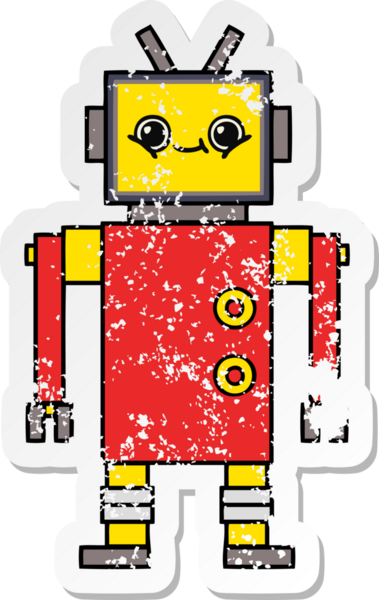 Bir insan tarafından çizilmiş sevimli bir robot çizgi film çıkartması.