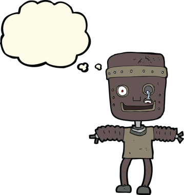 Bir insan tarafından çizilmiş düşünce baloncuklu çizgi film robotu